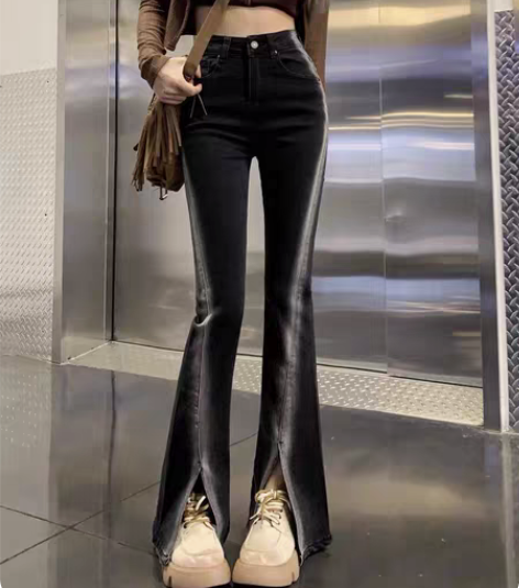 包邮开叉渐变微喇叭牛仔裤女春秋新款高腰设计...