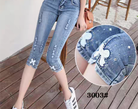 转卖薄款七分牛仔裤女夏破洞铅笔裤中裤大码紧...