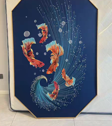 全新鱼图装裱刺绣画，五鱼活灵活现，寓意年年...