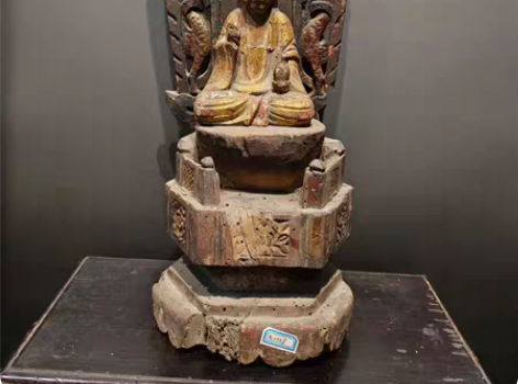 包邮古代木雕*火焰纹背光净瓶观音 （整高4...