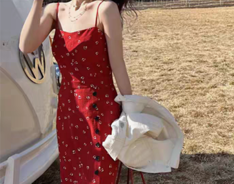 转卖南瓜谷 浮世红与黑~红色连衣裙女春夏气...