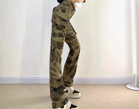 转卖美式复古直筒潮牌口袋显瘦辣妹迷彩裤工装...