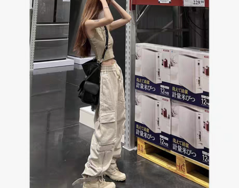 转卖美式复古高街抽绳杏色工装裤女春秋新款高...