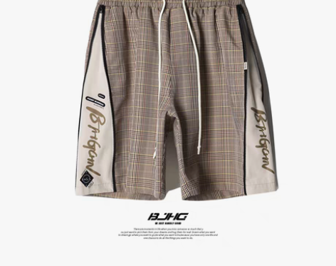 转卖BJHG自制夏季格子短裤男潮撞色拼接拉...