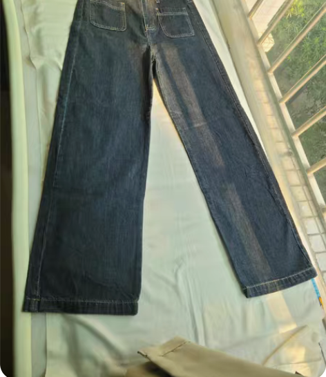 复古高腰显瘦深蓝色牛仔垂感直筒阔腿裤 ①购...