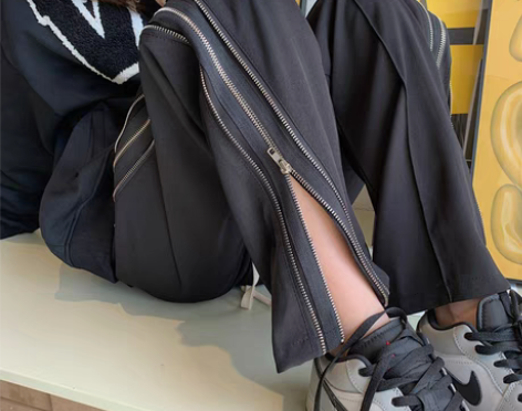 转卖高街双拉链黑色直筒阔腿裤胖妹妹大码女装...