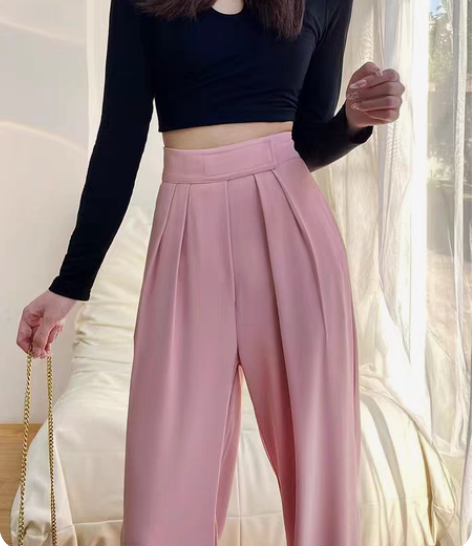 粉色冰丝西装阔腿裤女夏季薄款高腰垂感长裤雪...