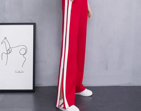 转卖坠感红色阔腿裤女高腰垂感宽松开衩运动裤...