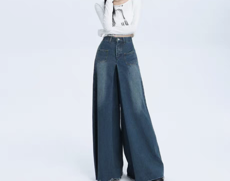 转卖REDR复古毛边阔腿牛仔裤女高腰显瘦直...