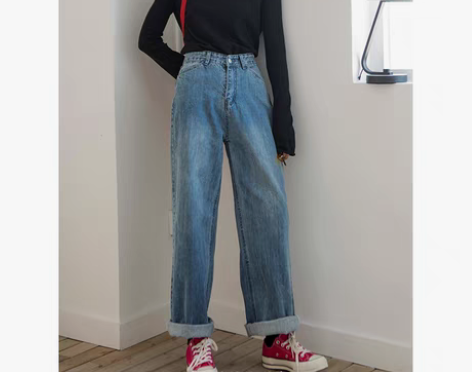 转卖复古坠感阔腿牛仔裤女高腰拖地宽松直筒长...