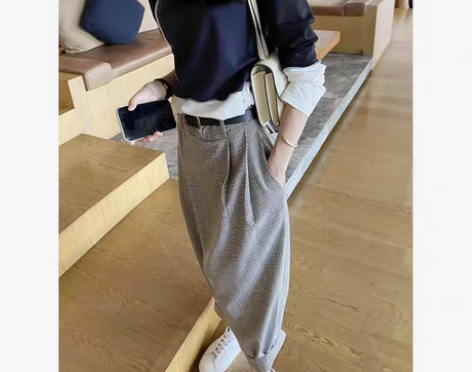 转卖2021夏季新高腰小个子复古千鸟格锥形...