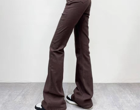 转卖复古高腰弹力微喇牛仔裤女超模辣妹棕色喇...