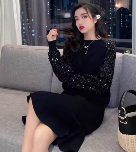 女士拉夏贝尔亮片黑色连衣裙，S码 这个连衣...