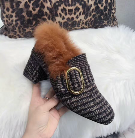 粗跟毛毛鞋女冬季新韩版百搭方头高跟单鞋格子...