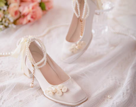 转卖方头粗跟玛丽珍鞋中国风汉元素珍珠法式气...