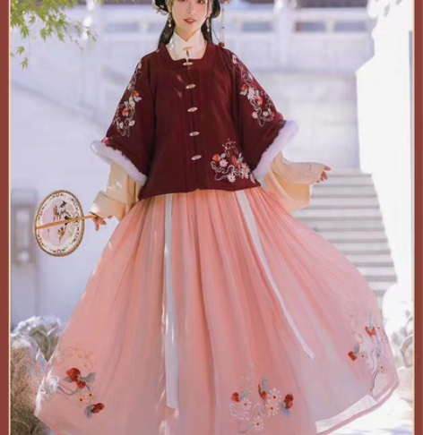 劲合明制汉服女雪竹对襟比甲半臂加绒毛呢袄裙...