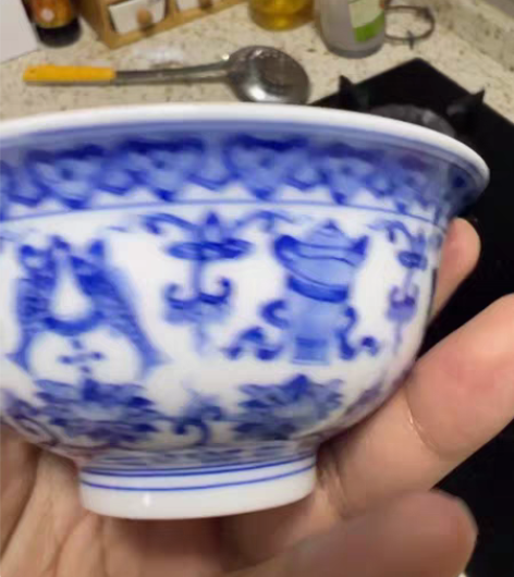 九段烧 妙手青花款缠枝八宝三才盖碗景德镇手...