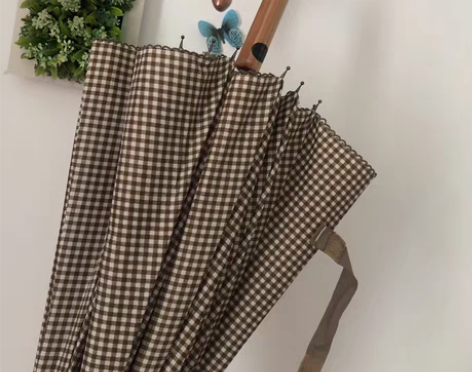 包邮日式风格16骨防风半自动木手柄网格晴雨...