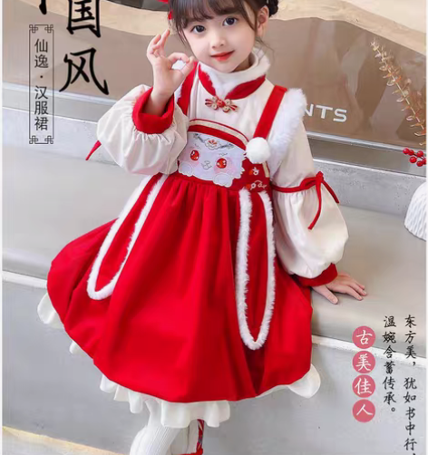 包邮女童中国风汉服唐装连衣裙儿童拜年服公主...