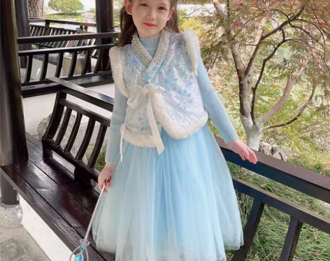 包邮春节年服女童国风汉服刺绣唐装爱莎公主裙...