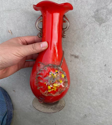 包邮完整文革喜庆红玻璃花瓶琉璃花瓶包老摆件...