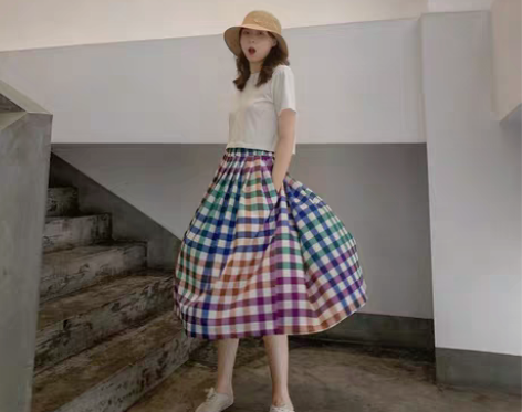 转卖Tongse 格子半身裙女中长款a字高...