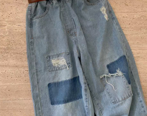 转卖原创古着感复古破洞贴布补丁磨白OVER...