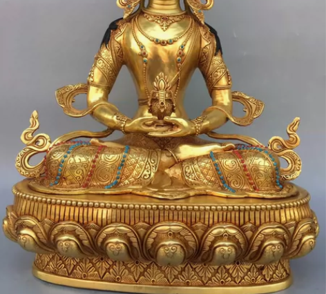 铜鎏金镶嵌松石画脸长寿佛佛像,工艺精美,包...