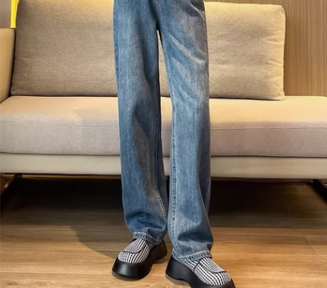 高品质复古蓝阔腿牛仔裤女窄版春秋新款高腰宽...