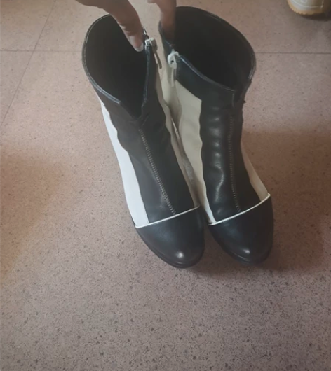 龙帝欧女鞋38码粗跟防水台黑白双拼真皮 跟...