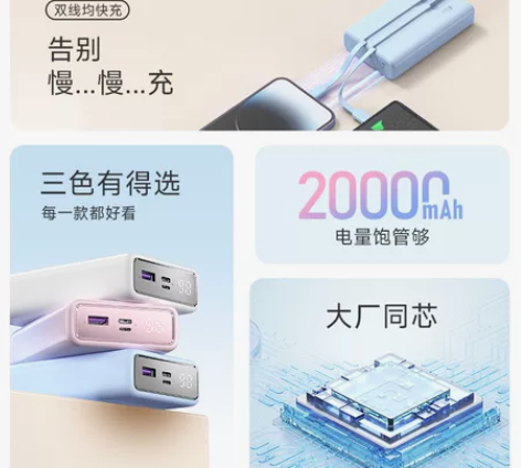 罗马仕20000毫安充电宝PD20W自带线...