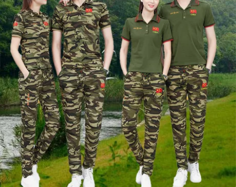 情侣男女登山迷彩套装军迷服翻领短袖T恤大码...