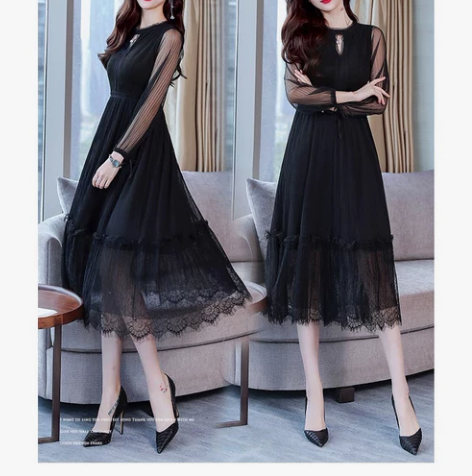 法式温柔风气质显瘦蕾丝秋冬连衣裙收腰V领配...