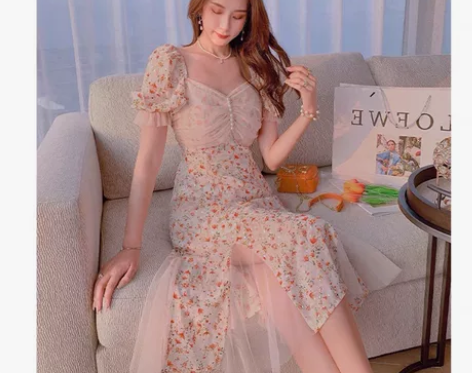 包邮～夏季法式甜美气质泡泡袖仙女雪纺长裙 ...