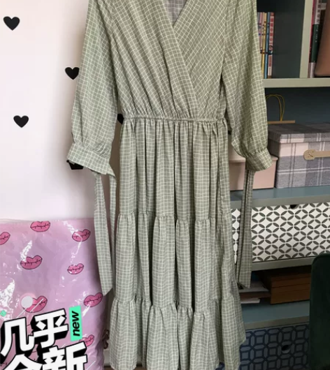 薄荷绿格子长裙，厚实雪纺料子，小码，便宜出...