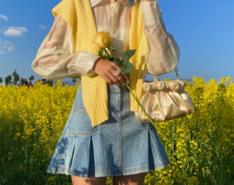 小清新早春高腰百褶牛仔裙韩范chic学生重...