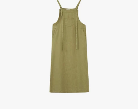 2020夏季芥末黄休闲棉麻中长款过膝背带裙...