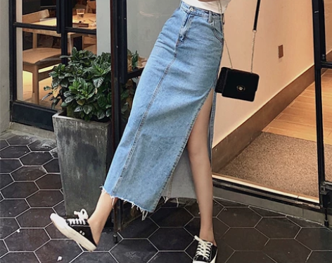 2021流行裙子夏高腰侧开叉半身长裙女中长...