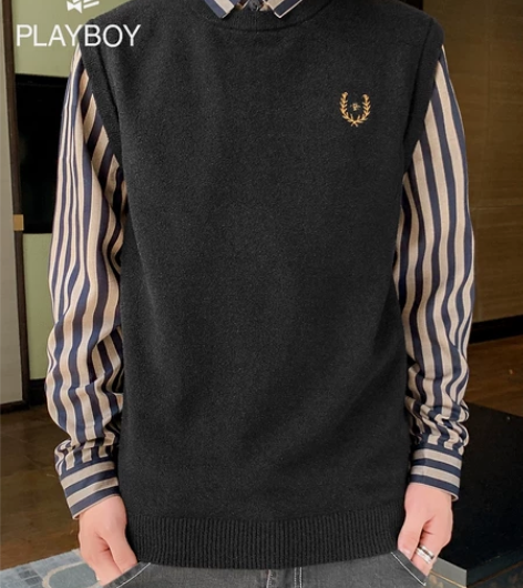 花花公子秋冬季假两件针织衫男士长袖打底毛线...