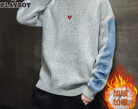 花花公子冬季圆领宽松毛衣男学生韩版潮流加绒...