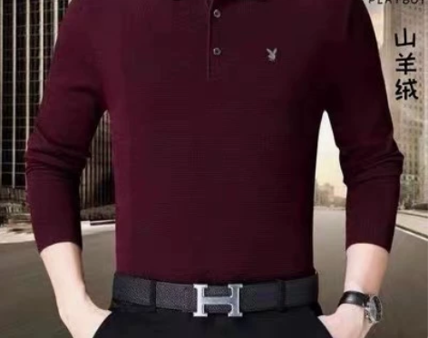 花花公子中年男士山羊绒长袖翻领t恤商务纯色...