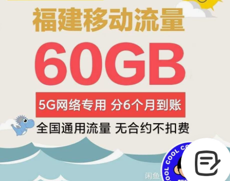 福建 移动流量 60GB通用流量 每月10...