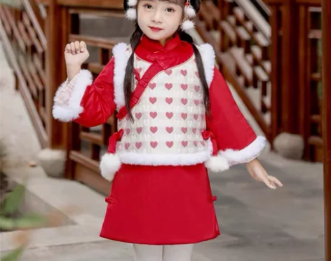 女童汉服旗袍裙棉衣加厚马甲冬装两件套红色拜...