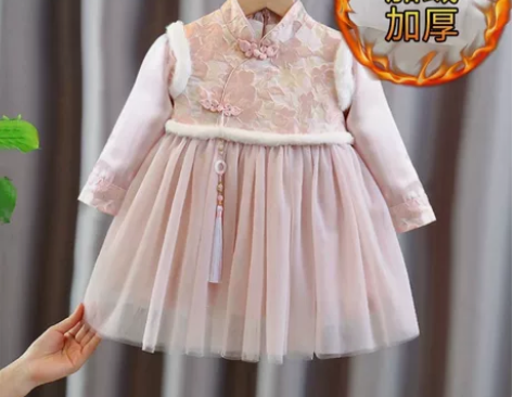 女童拜年服旗袍冬装加绒洋气唐装汉服连衣裙女...