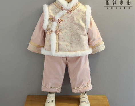 女童汉服拜年服加绒加厚冬小女孩唐装过年服喜...