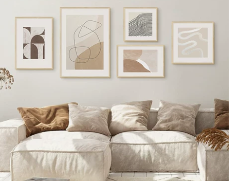 日式原木风客厅沙发背景墙装饰画北欧抽象线条...