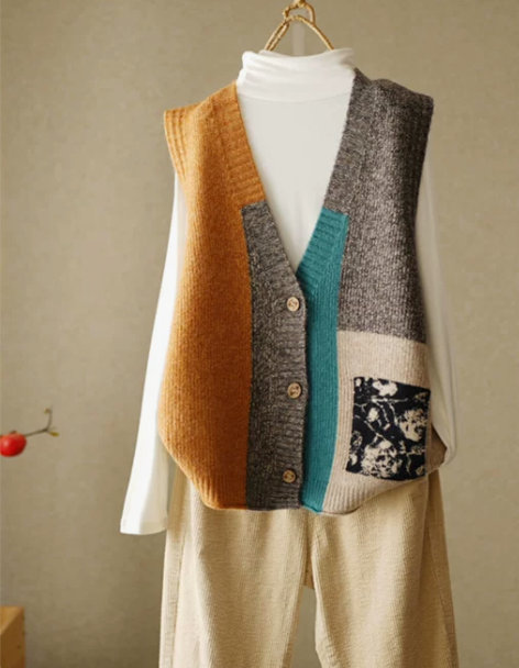 复古拼色针织马甲开衫春秋新款宽松上衣设计感...