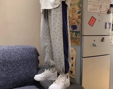 拼色裤子 宽松直筒卫裤束脚运动百搭休闲长裤...