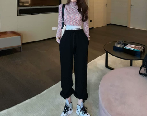 字母高腰运动卫裤女春夏韩版百搭宽松显瘦哈伦...