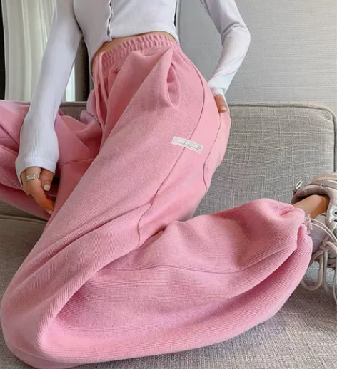 粉色运动裤女春秋冬宽松束脚 休闲阔腿冬季加...